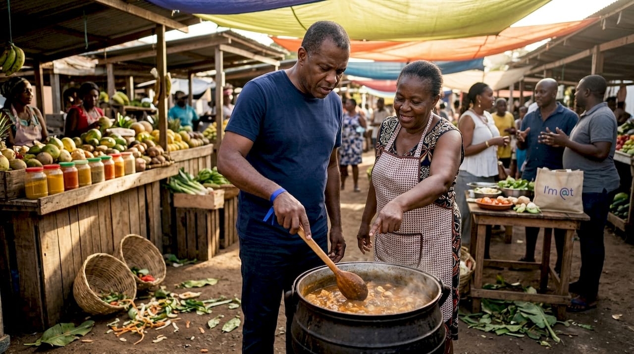 Traveler cooking with local home chef at market