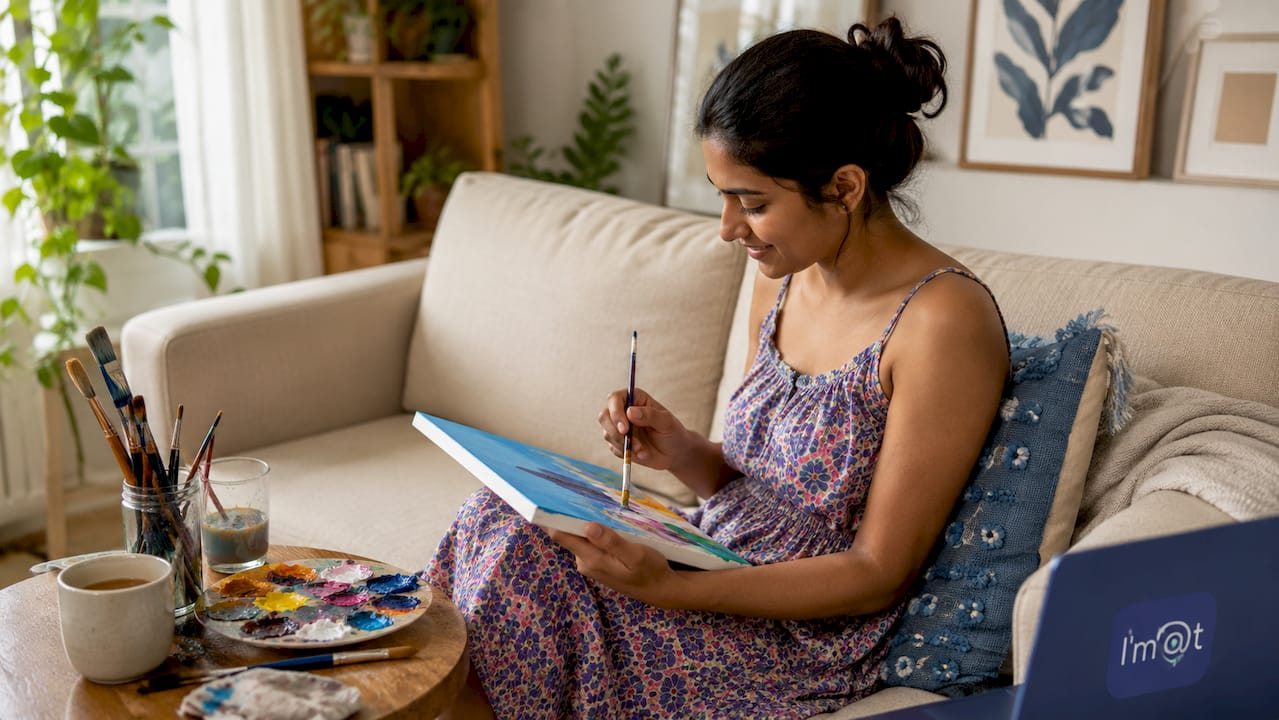 Woman painting at home desk leisure activity