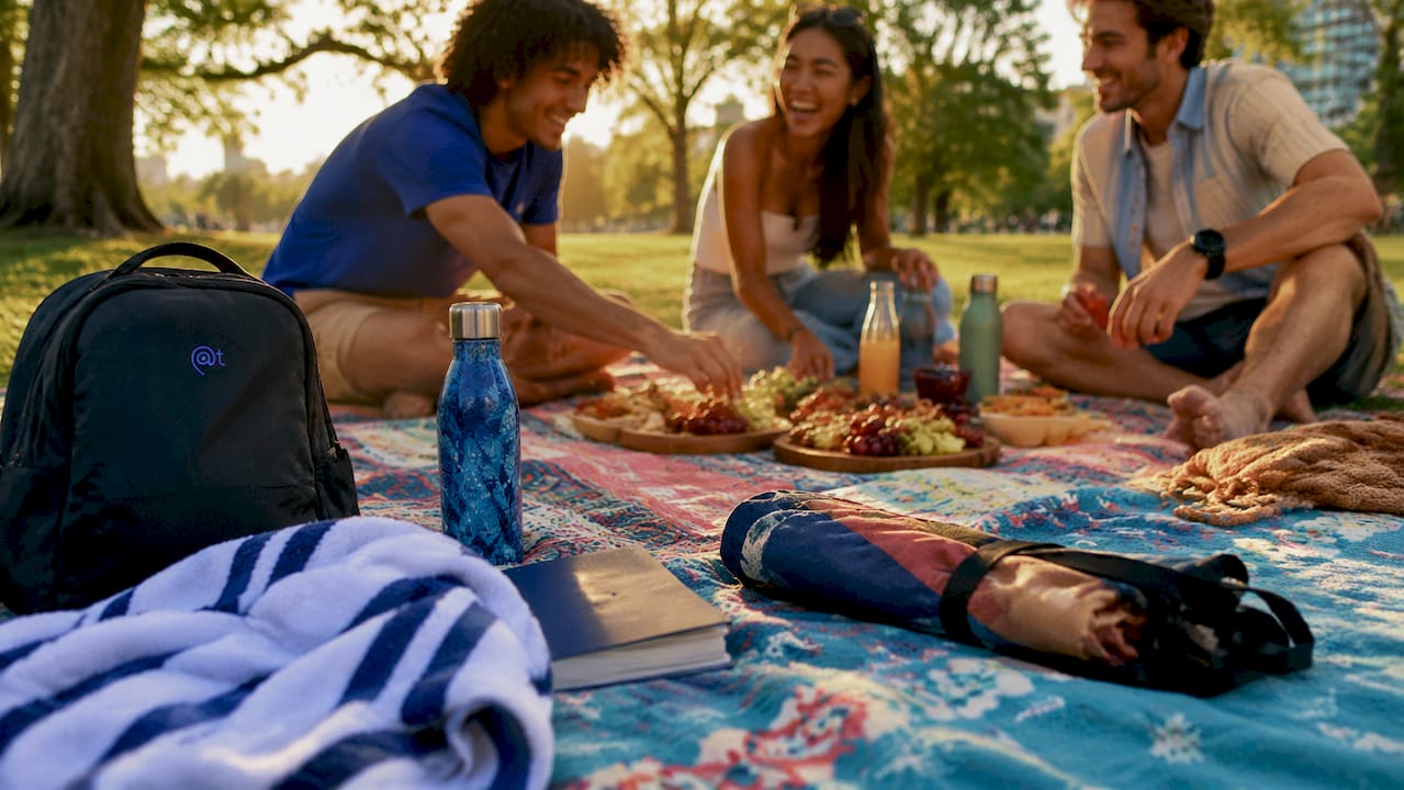 Picnic with diverse leisure travel gear outdoors