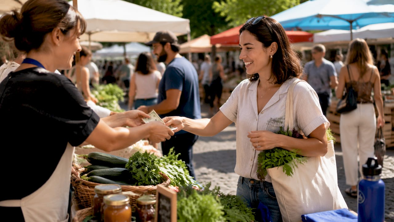 Exchange of money at outdoor farmer’s market