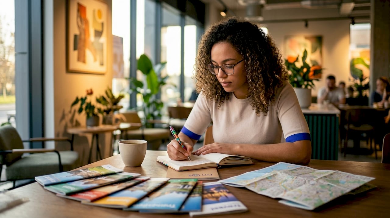 Young woman journaling travel experiences in library nook