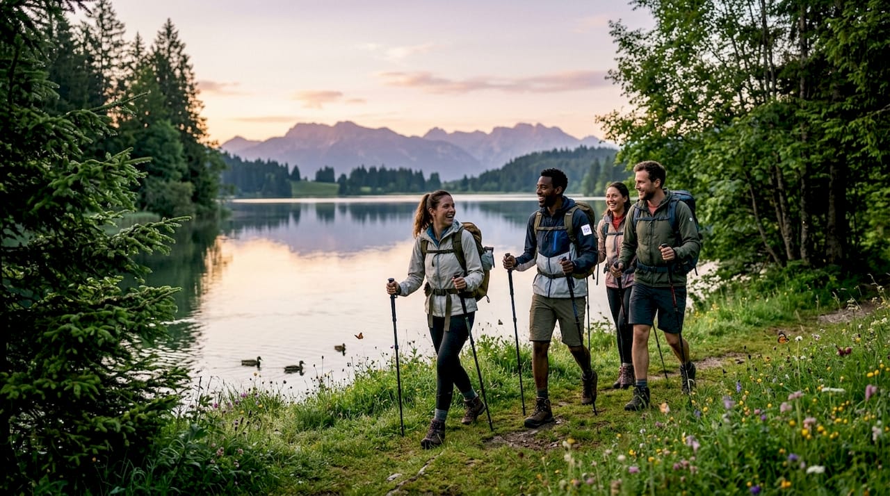 Group hiking on mountain trail through protected valley