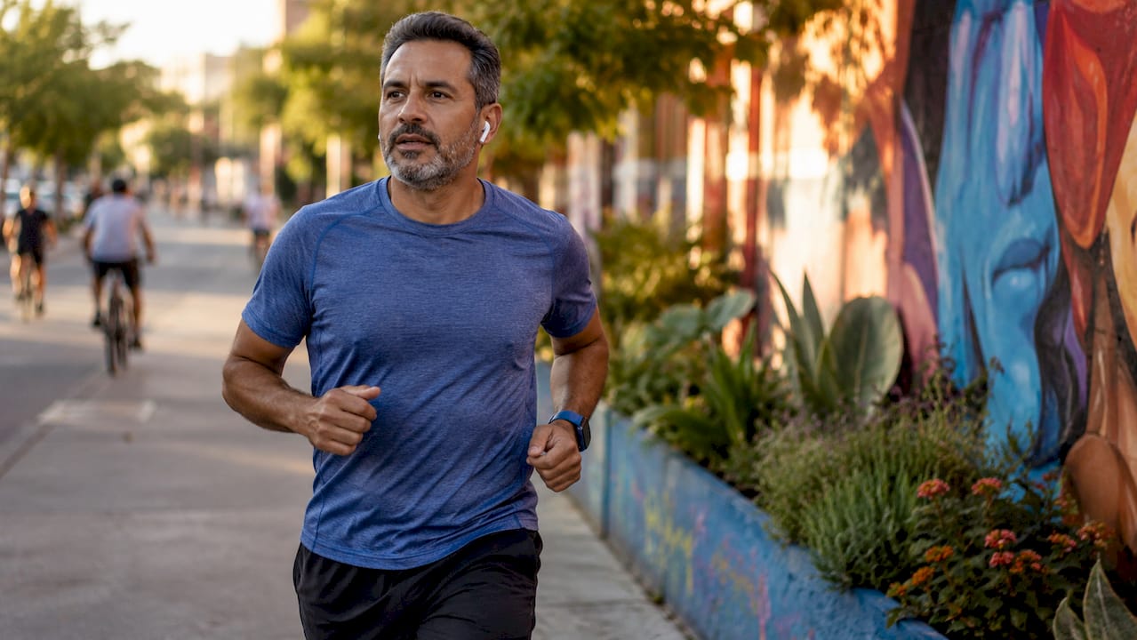 Man walking energetically in residential neighborhood