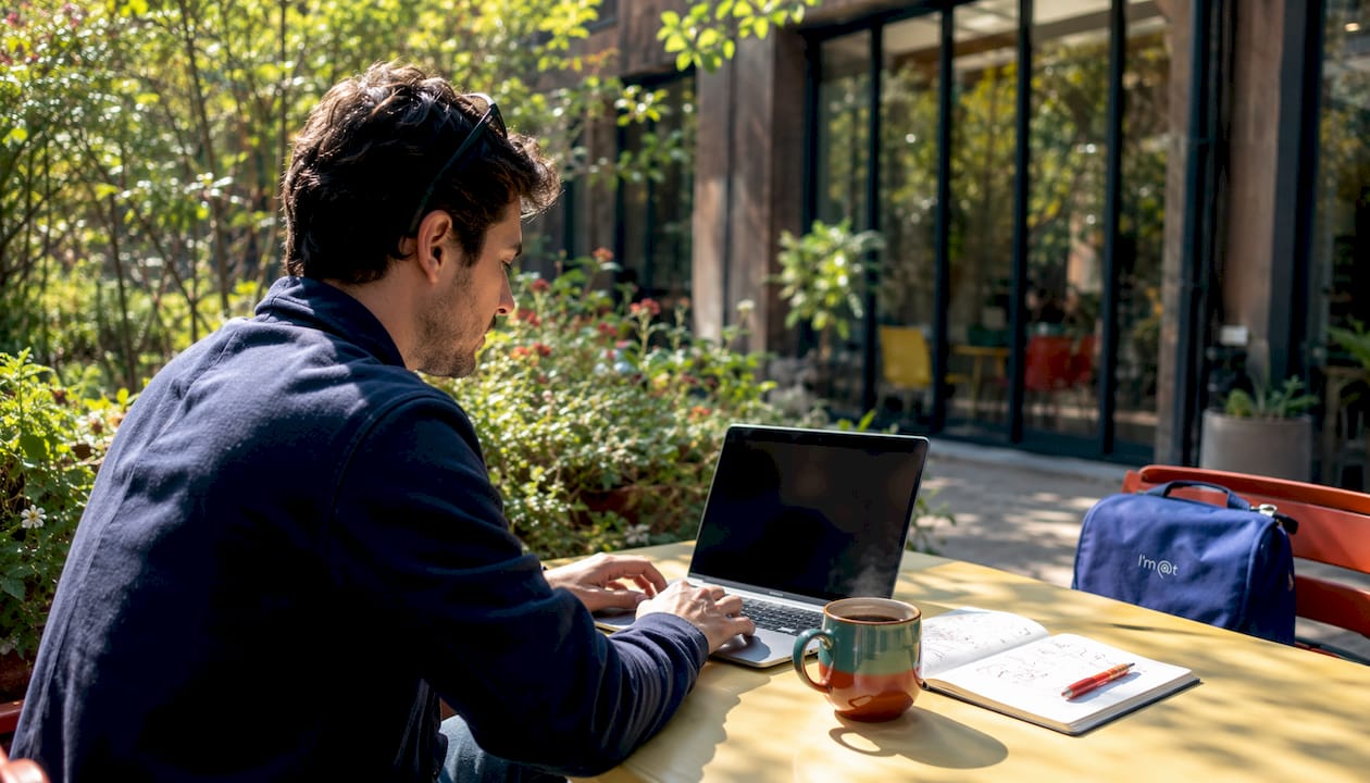 Man comparing travel platforms on laptop