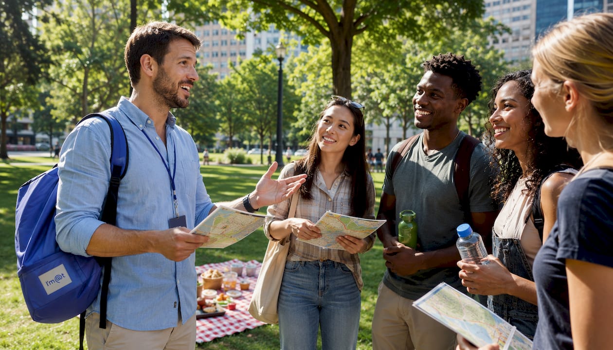Tour guide briefing travelers outdoors