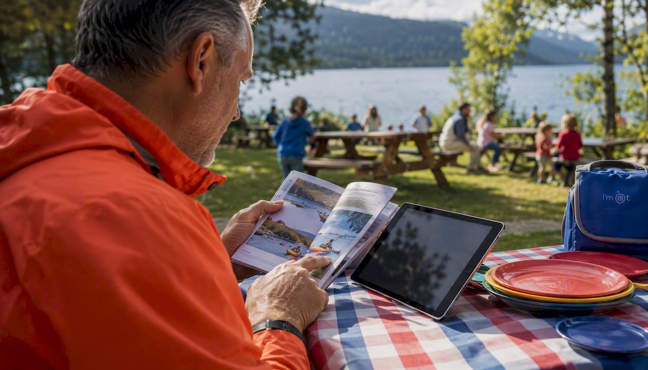 Man planning kayaking tour with brochures indoors