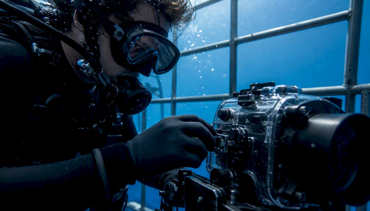 Close-up of shark cage underwater camera gear