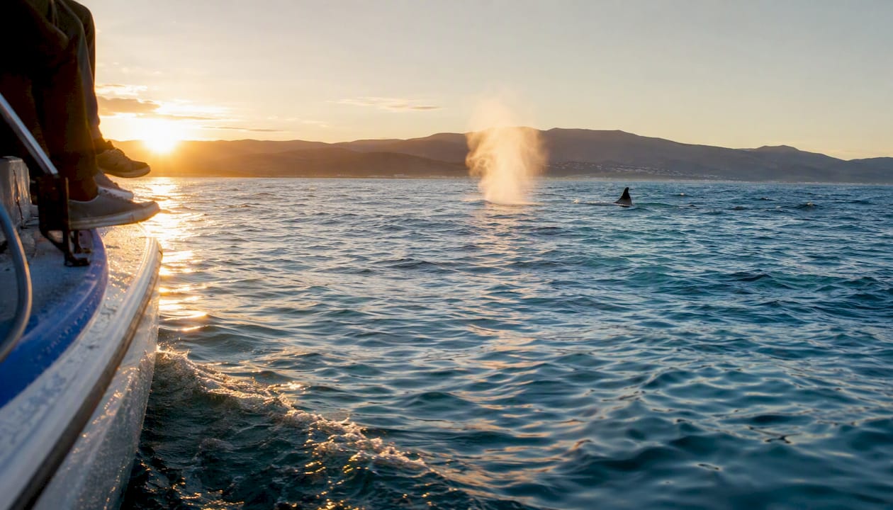 Whale spout and dorsal fin near observation boat