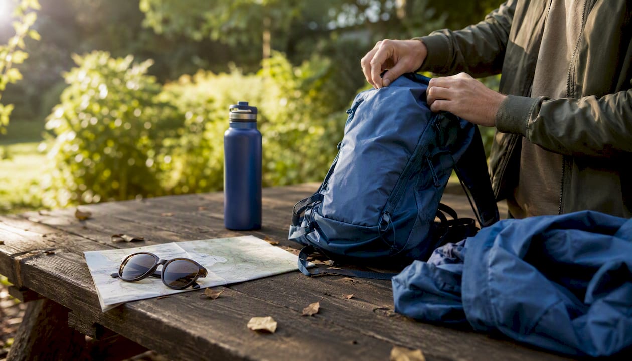 Hands packing daypack for trip