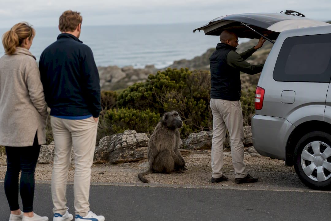 Cape Point baboon near a tour vehicle