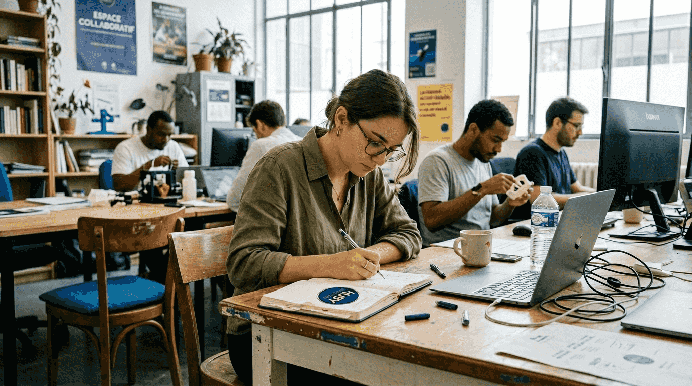 Un entrepreneur en pleine réflexion, esquissant des prototypes éco-responsables pour donner vie à des solutions innovantes.