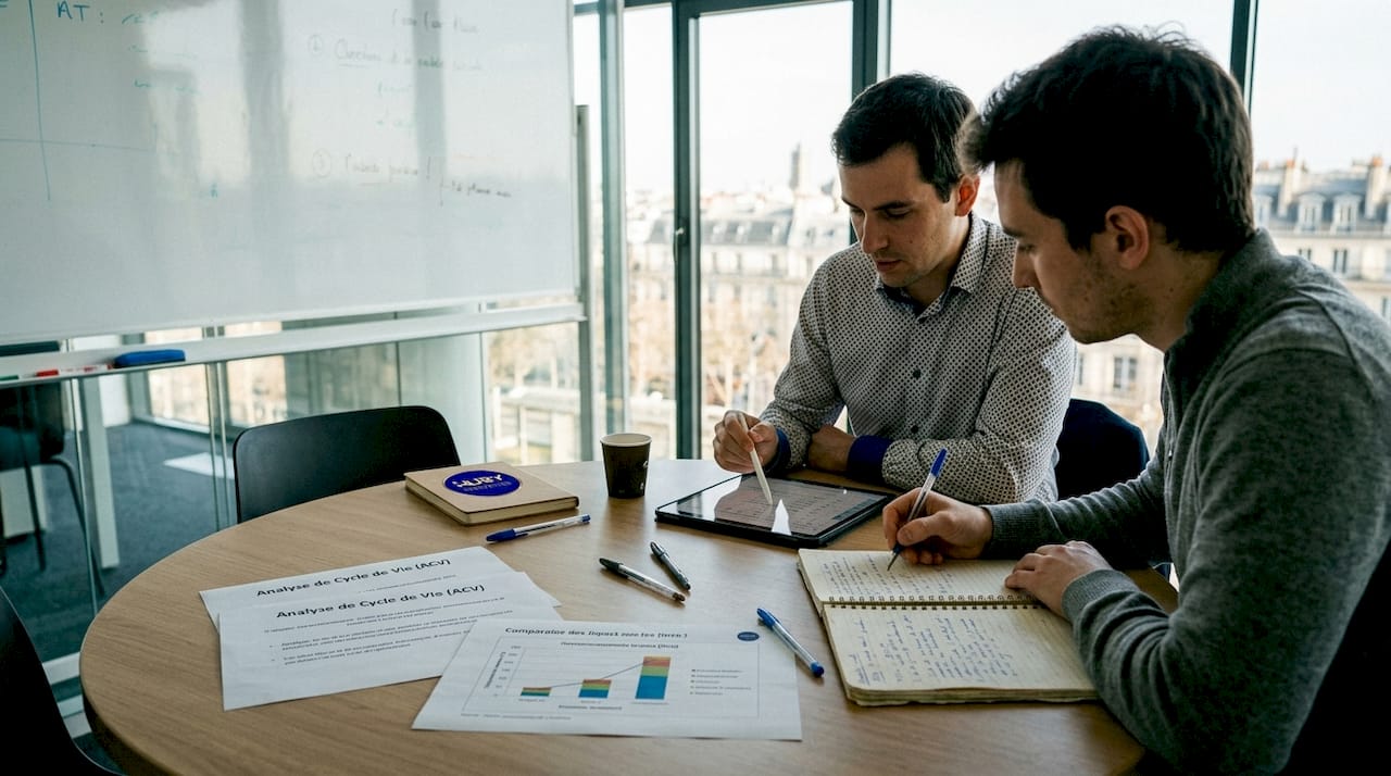 Des collègues qui discutent de l’analyse du cycle de vie lors d’une réunion de travail collaborative.