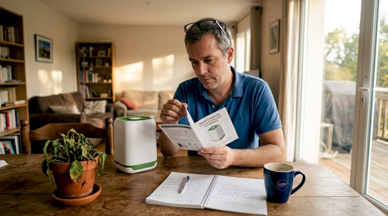 Dans son salon, un homme inspecte un appareil conçu pour durer.