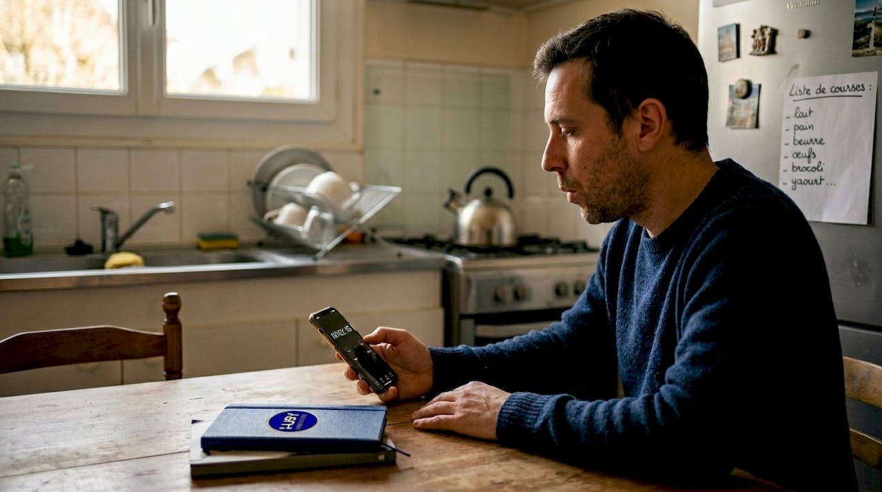 Assis à la table de la cuisine, un homme se concentre sur sa respiration, suivant calmement le rythme de chaque inspiration et expiration.