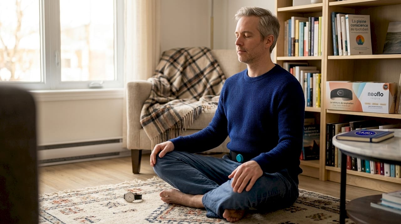 Un homme prend le temps de méditer dans le calme de son salon, baigné par la douceur du matin.