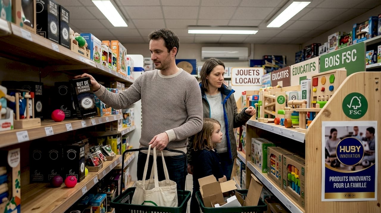 Une famille compare différents jeux dans un magasin et opte pour un jouet éco-conçu, soucieuse de faire un choix respectueux de l’environnement.