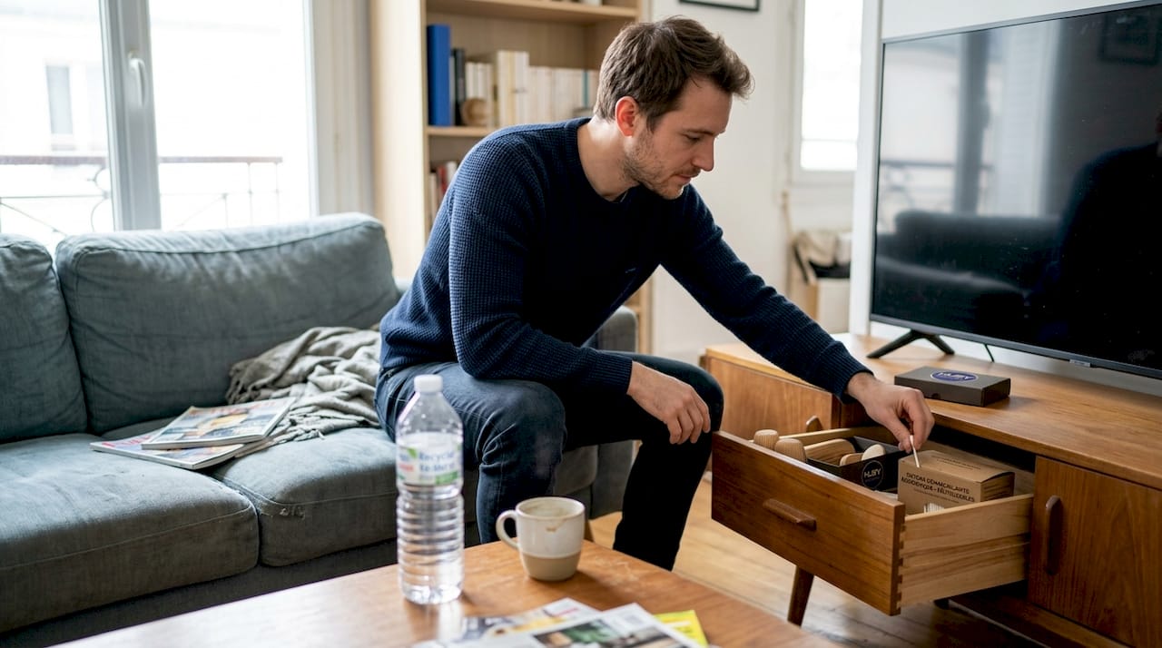 Un homme organise des objets réutilisables dans son salon, prenant soin de les ranger de manière pratique et écologique.
