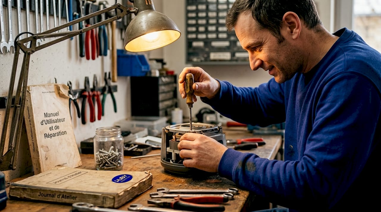 Un homme s’affaire à réparer un appareil sur le plan de travail de son atelier.