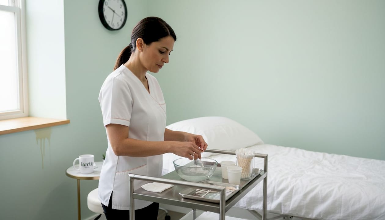 Esthetician preparing chemical peel tray