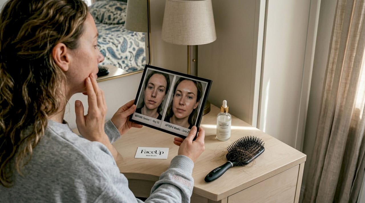 Woman compares before and after microneedling photos