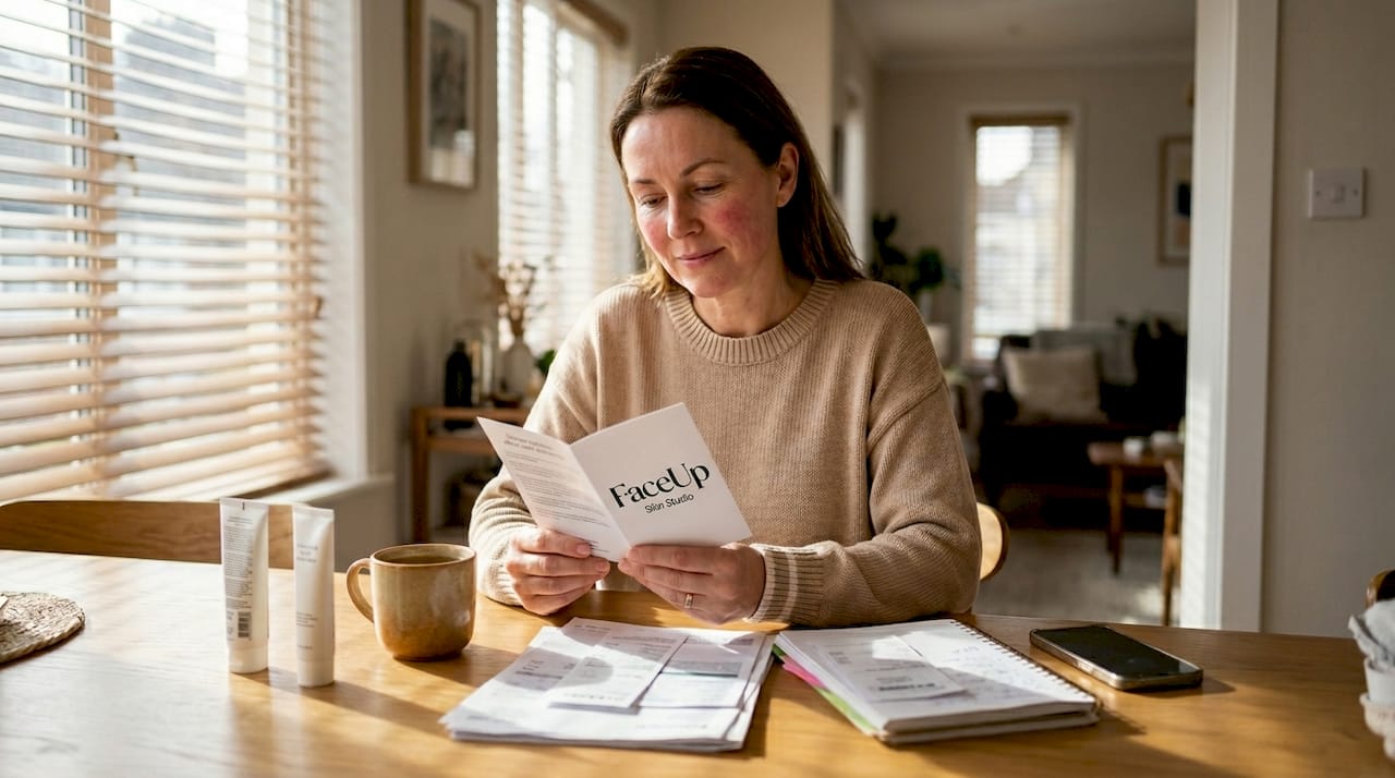 Woman reading skincare after facial treatment