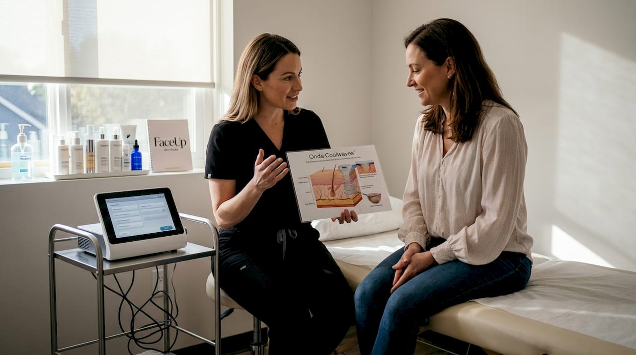 Client learning about Onda Coolwaves treatment