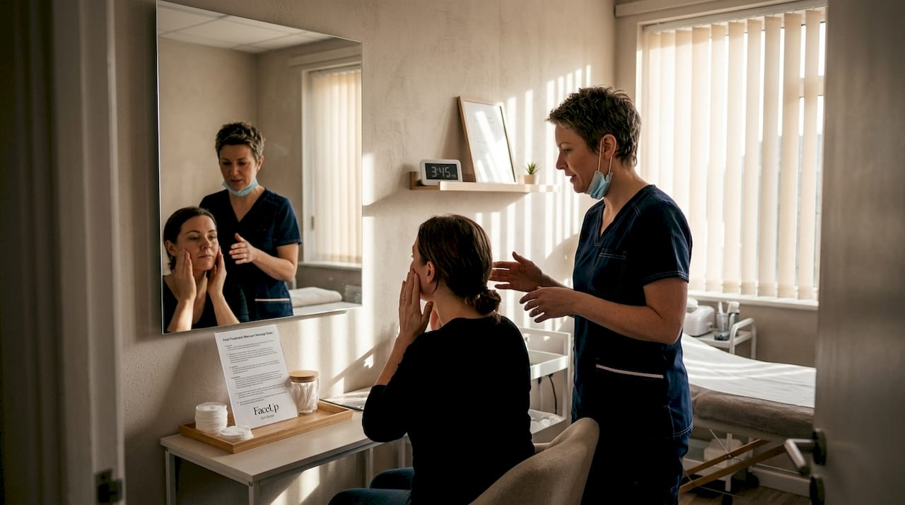 Clinician showing patient Sculptra aftercare massage
