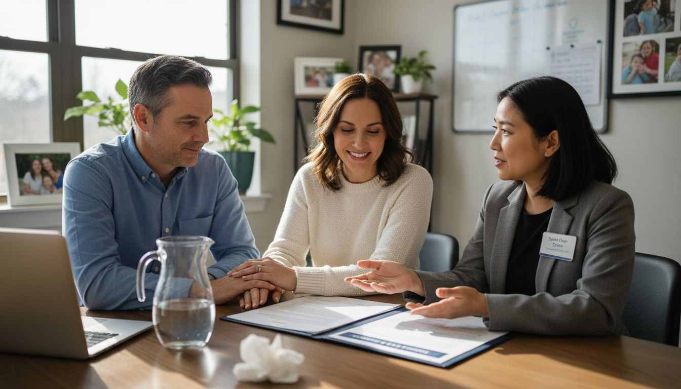 Couple consulting at surrogacy clinic table