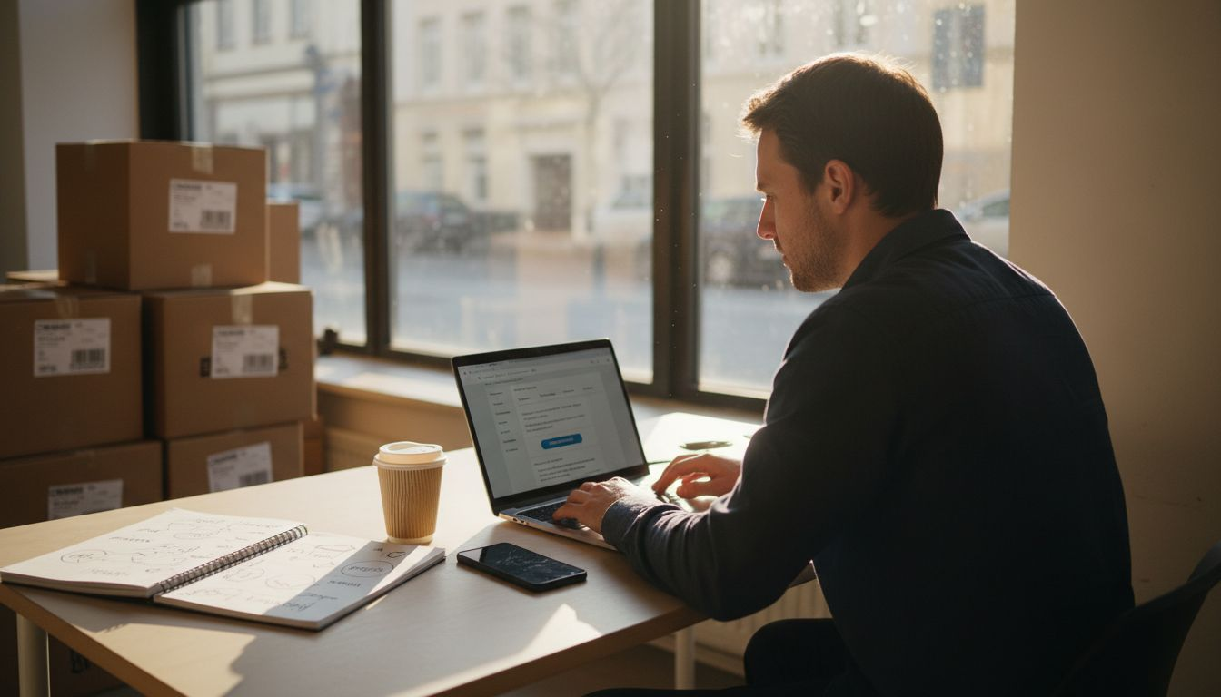 Eine Gründerin richtet gerade ihr Arbeitszimmer für den neuen Online-Shop ein.