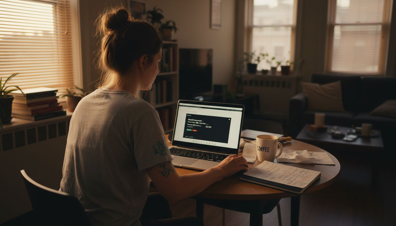 Woman issuing crypto refund on laptop at home