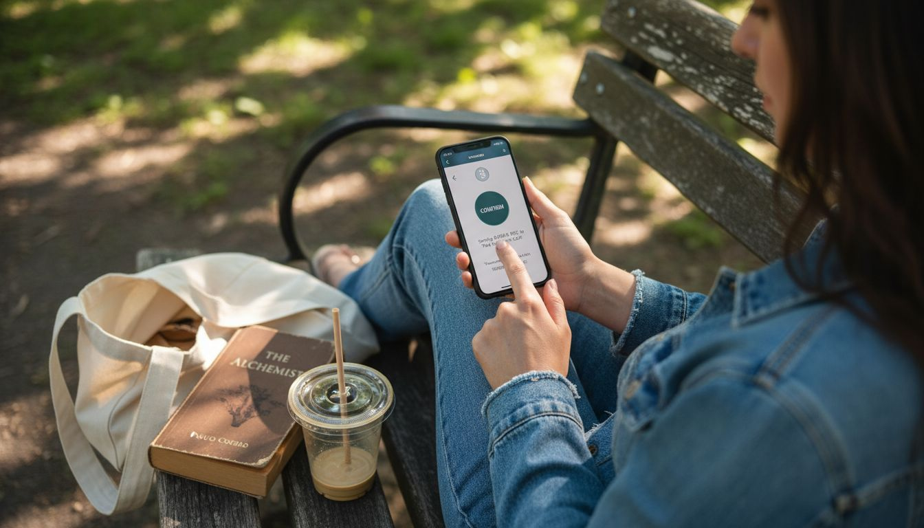 Woman pays eSIM with Bitcoin wallet app