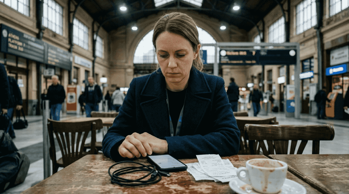Business traveler checking eSIM privacy settings