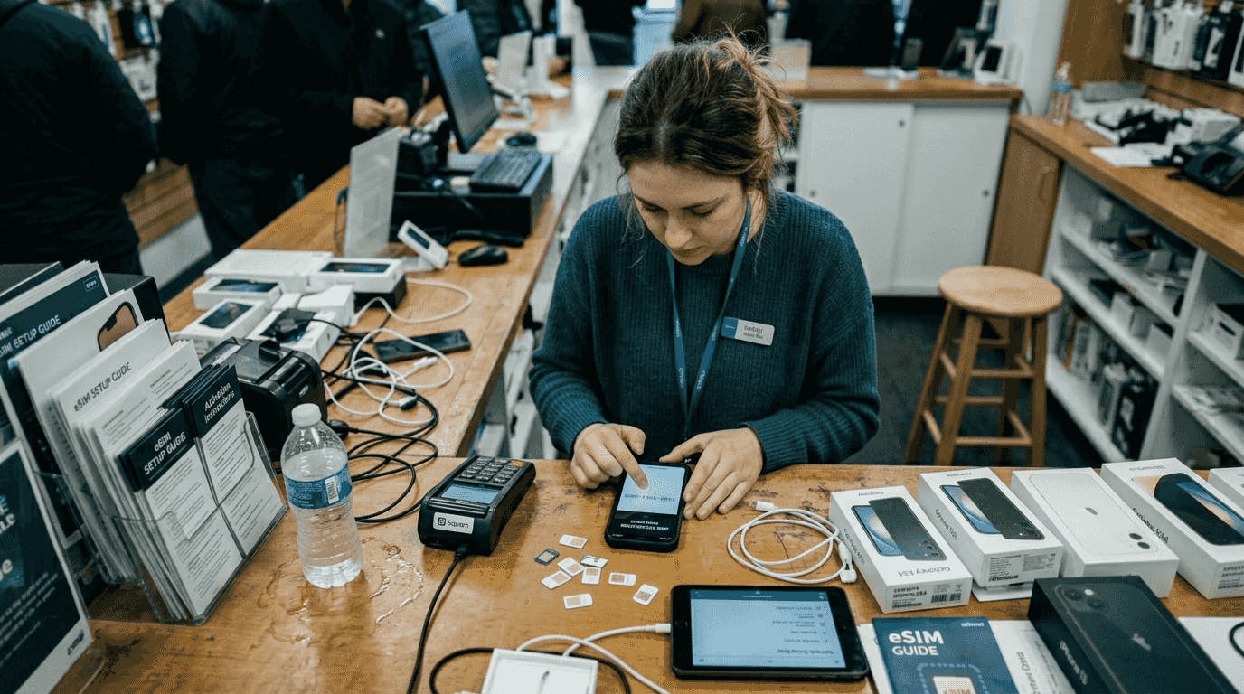 Person setting up eSIM amid devices