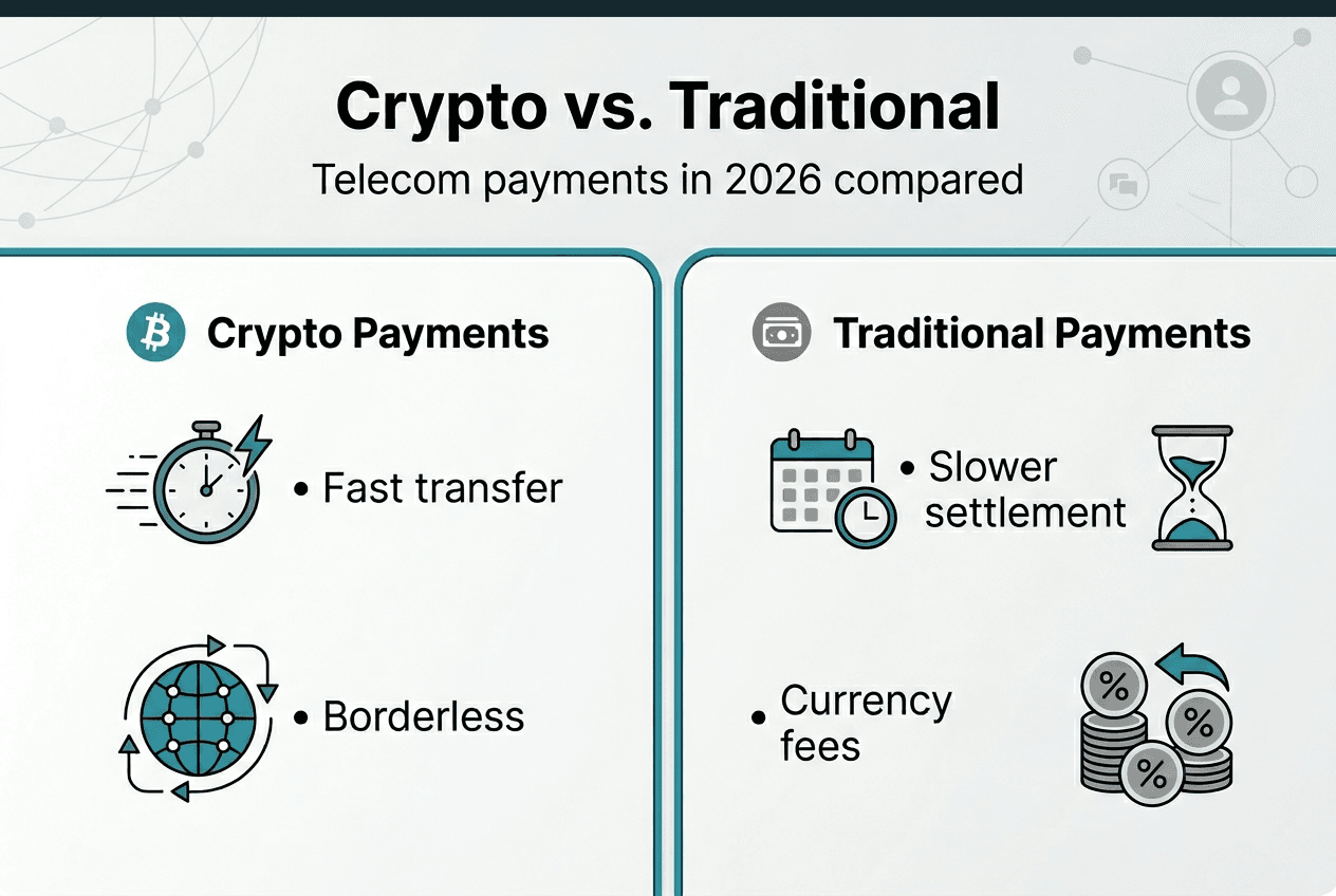 Infographic comparing crypto and traditional telecom payments