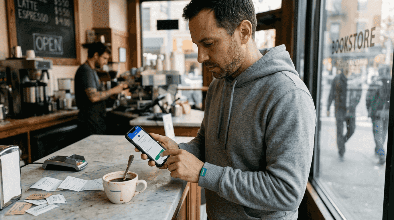 Man making crypto payment at café counter