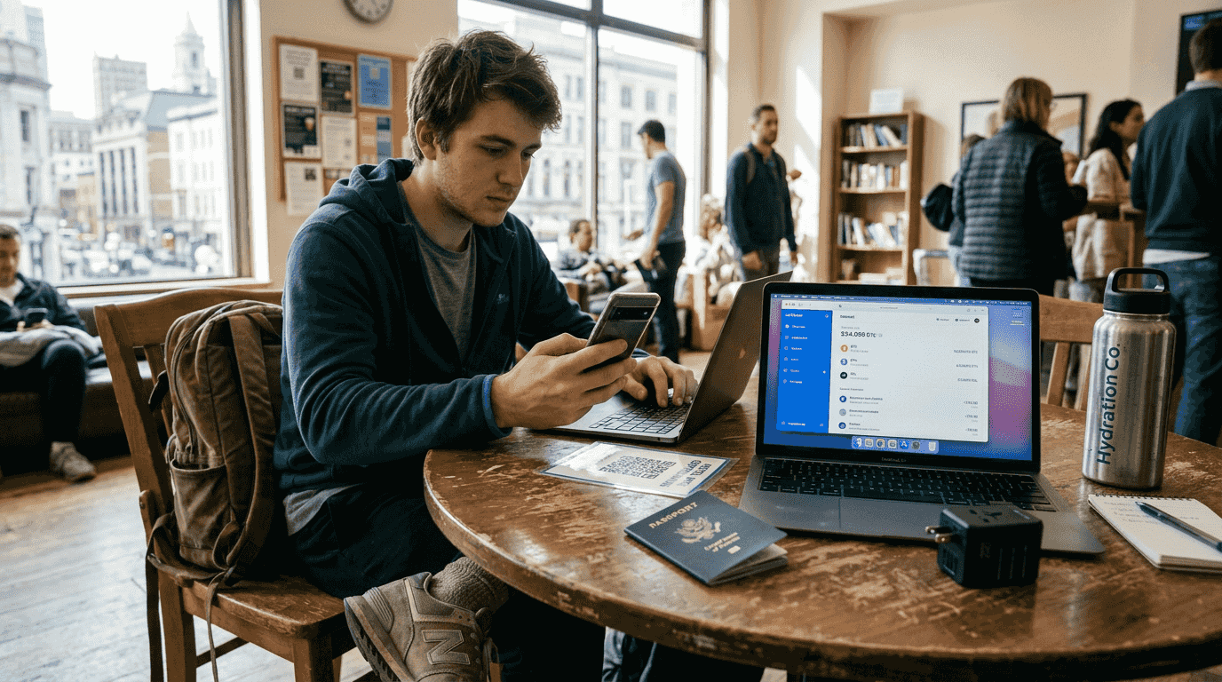 Traveler purchasing eSIM with crypto in hostel