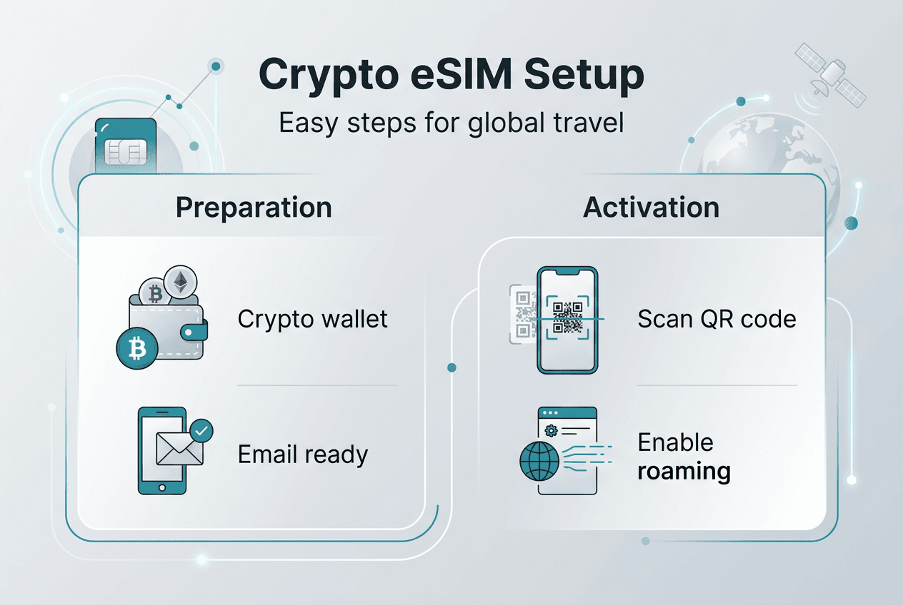 Infographic showing crypto eSIM setup steps