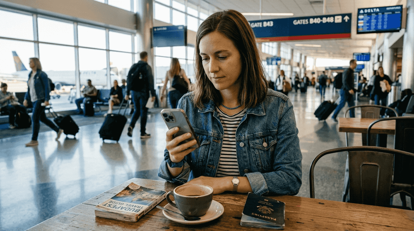 Traveler using Apple Pay at airport café