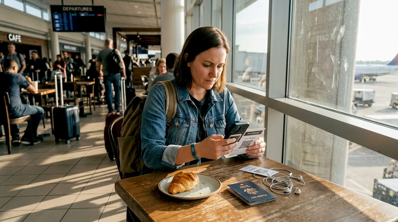 Traveler activates eSIM on phone at airport