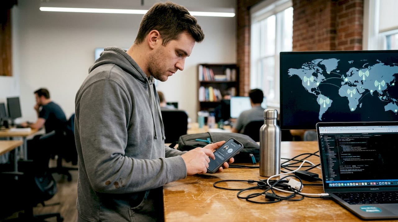 Man switches dual SIM profiles in coworking space