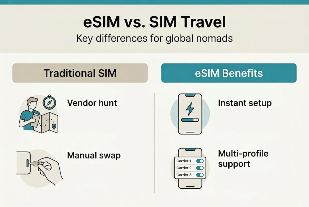 Infographic comparing eSIM and traditional SIM travel