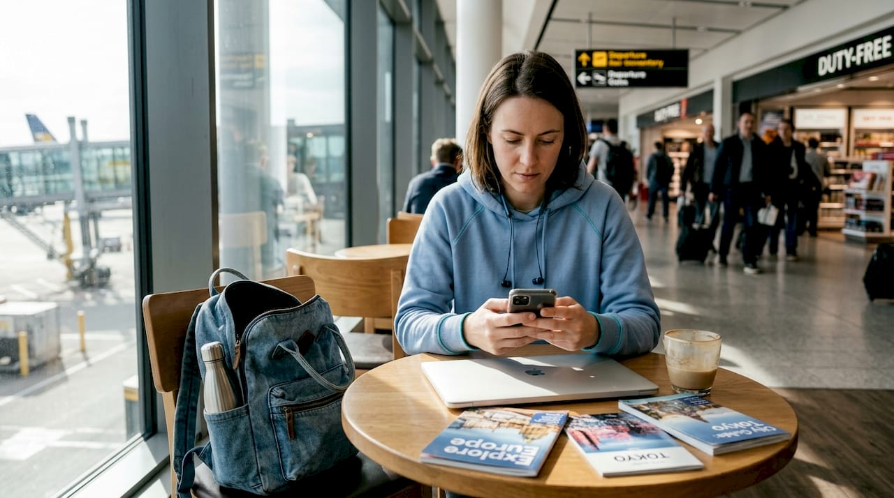 Woman activates digital SIM at airport café