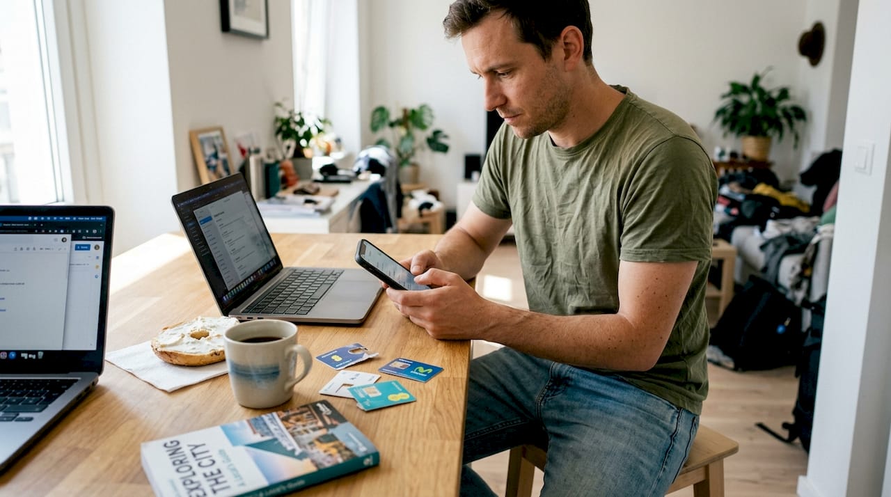 Man switches SIM profiles at kitchen counter