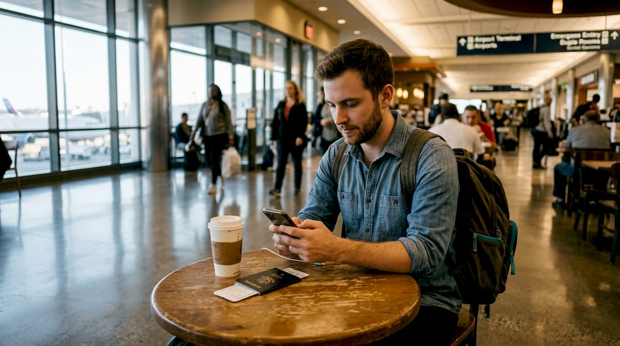 Traveler using crypto wallet in café