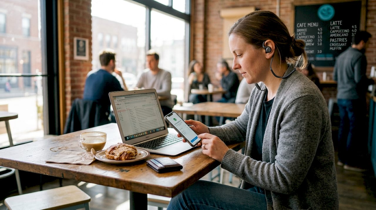 Woman sending daily crypto payment café