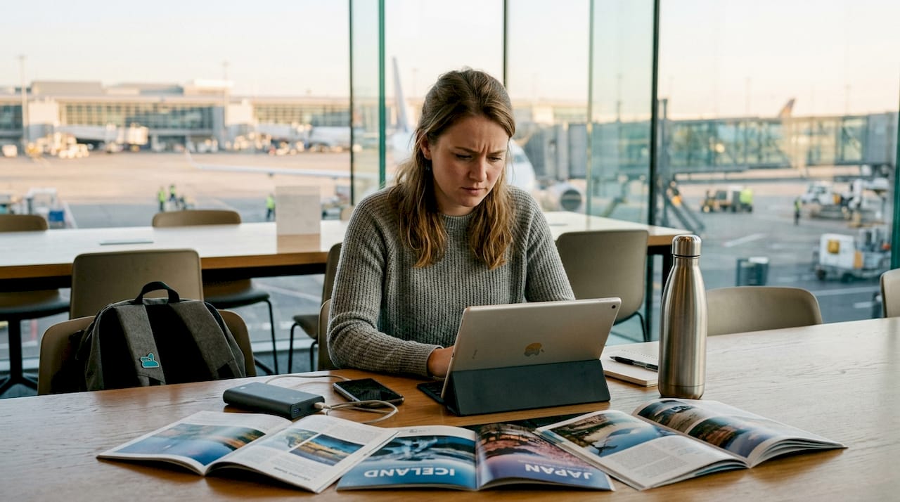 Woman checking delayed crypto payment at airport
