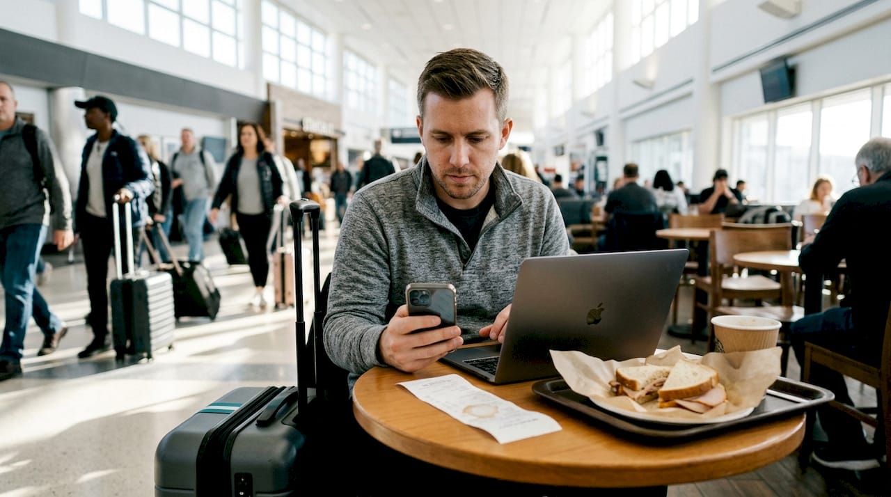 Traveler making crypto payment at airport café