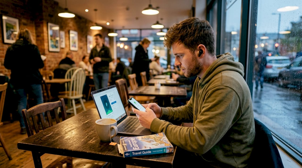 Café setting with traveler securing mobile privacy