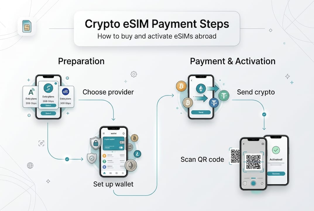 Infographic showing crypto eSIM steps