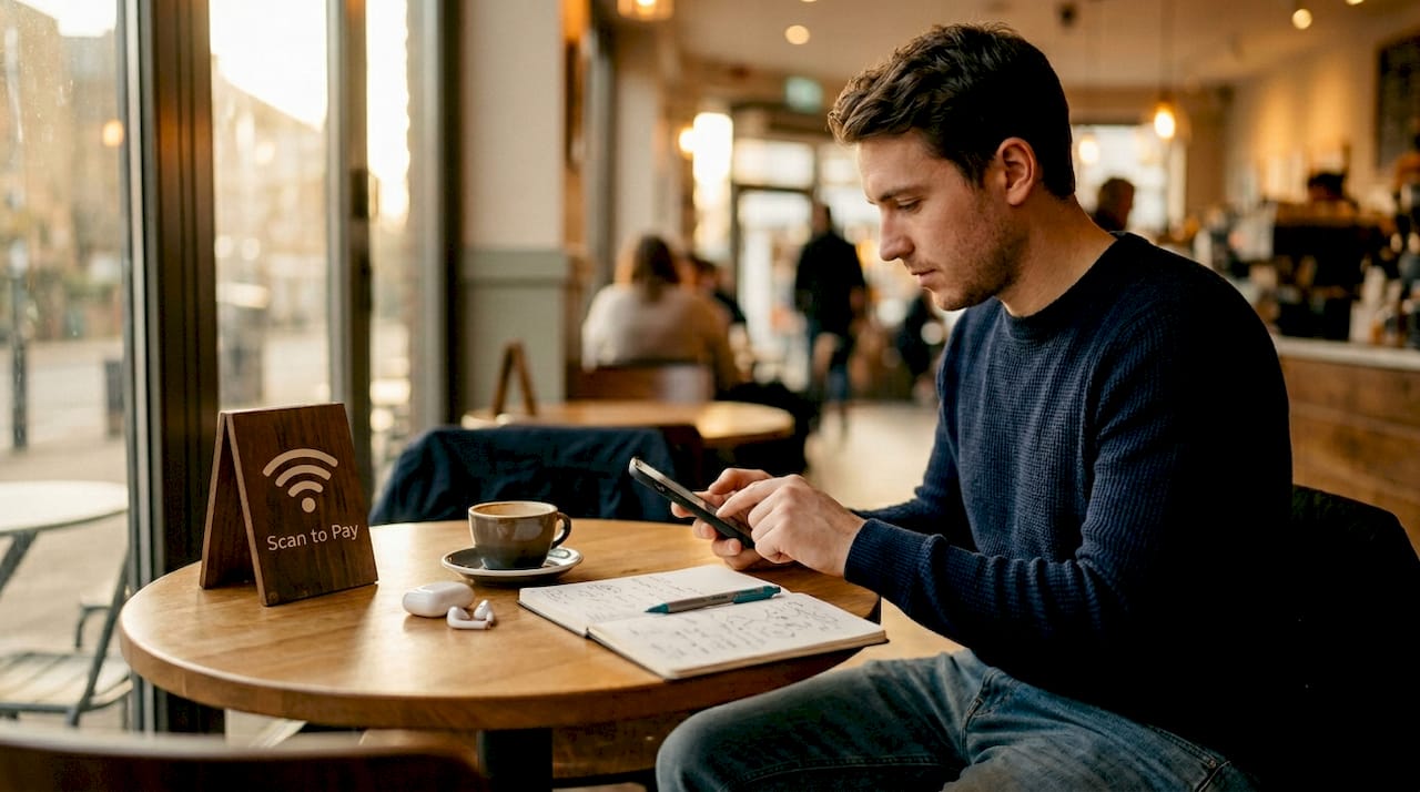 Man completes crypto payment for eSIM in café